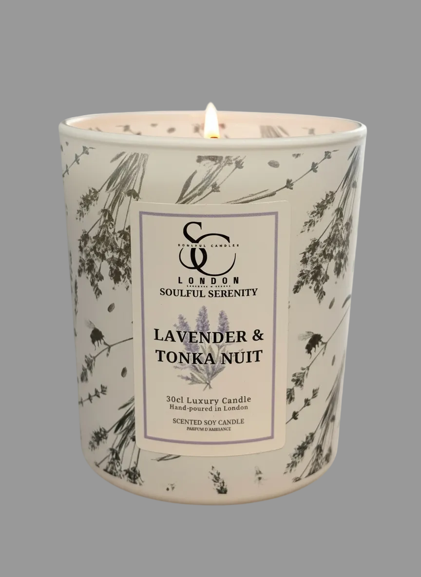 Candle with a decorative label on a white background