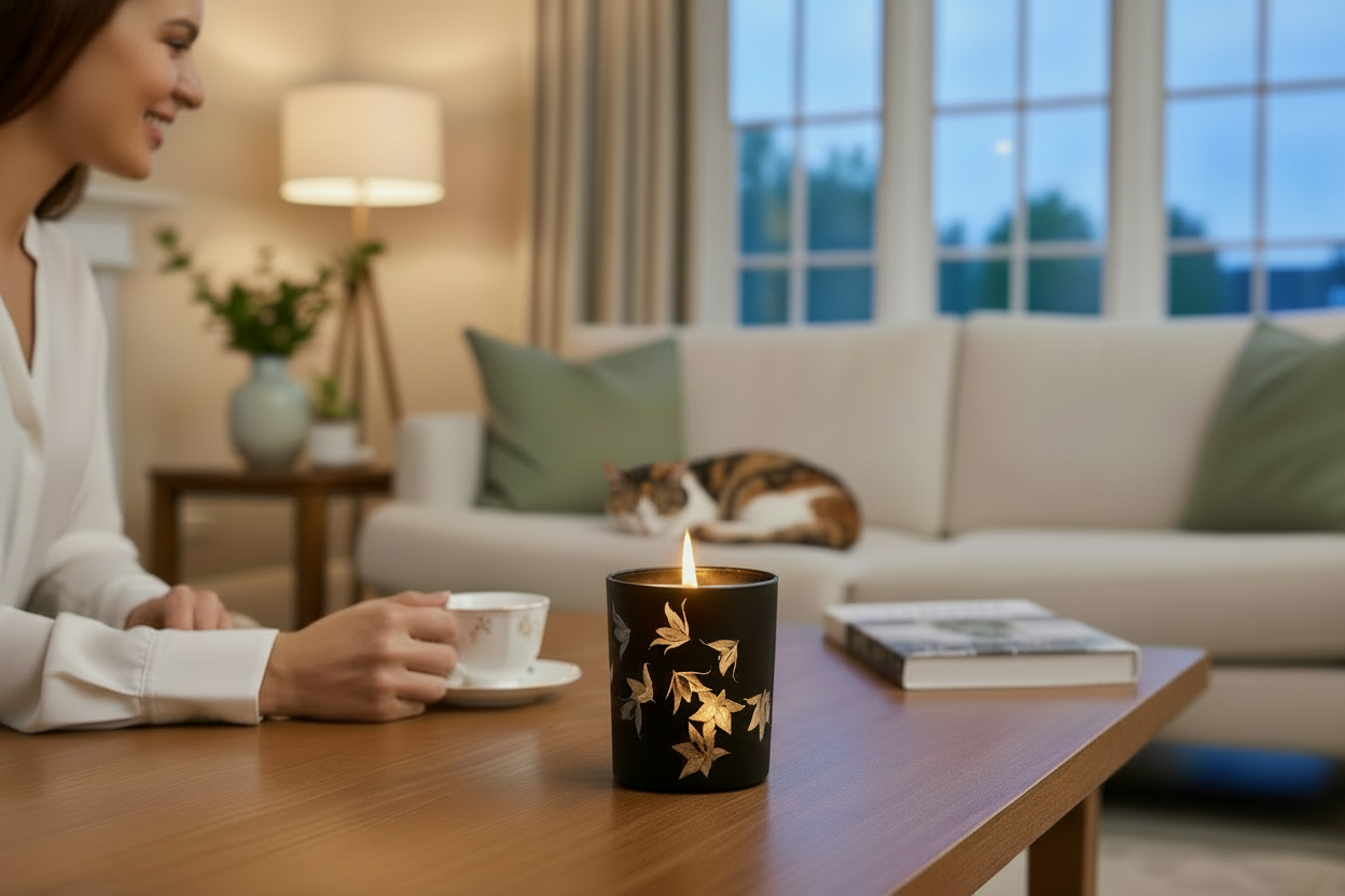 Woman holding a cup in a cozy living room with a lit candle and a cat on the couch.