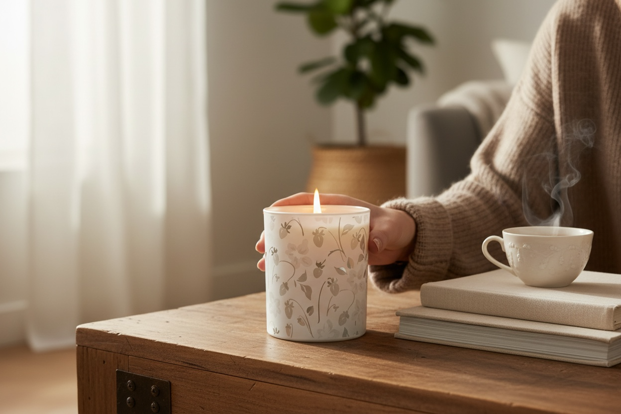 Person holding a lit candle and a cup of tea on a wooden table with a cozy indoor setting.