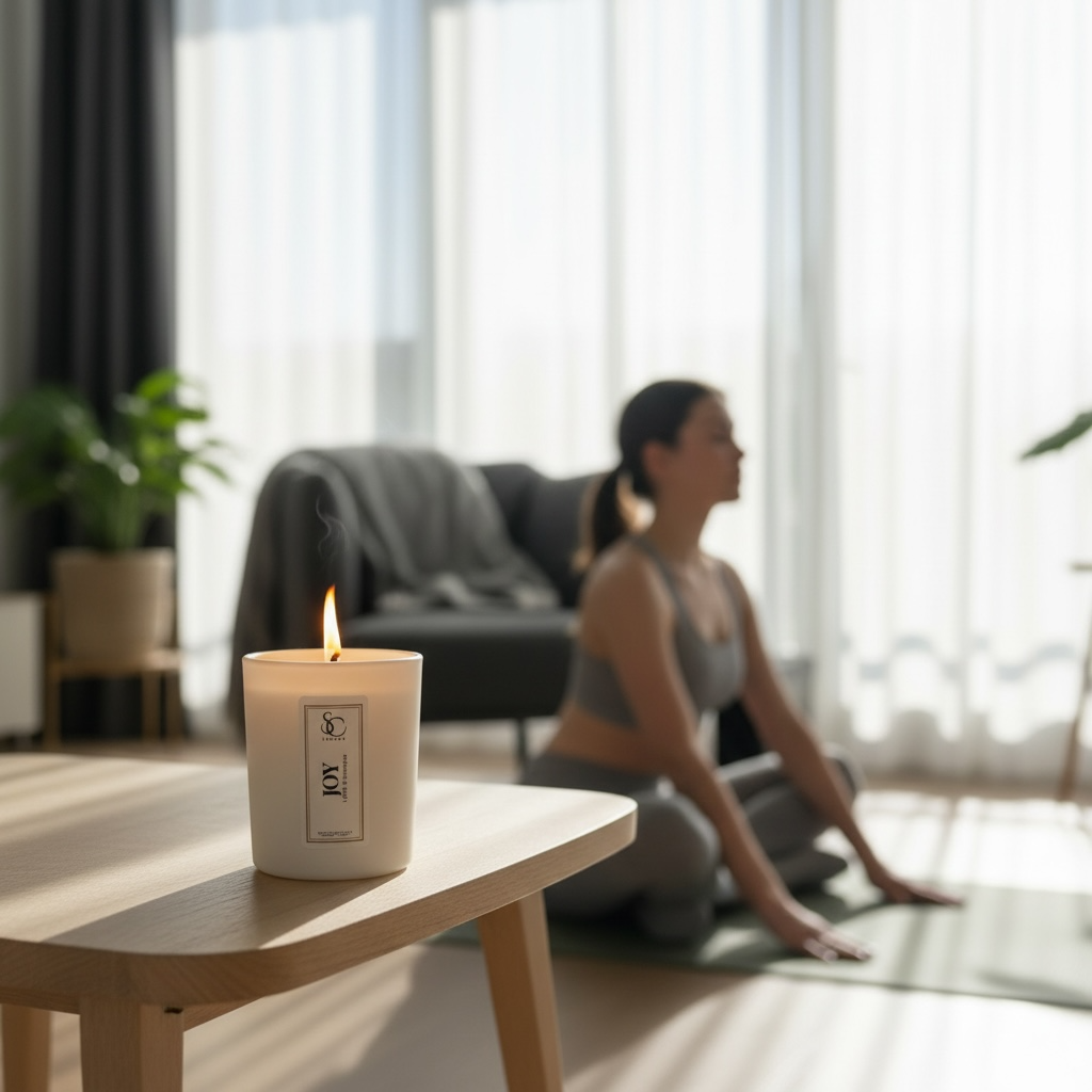Joy therapy candle burning during home wellness and relaxation moment