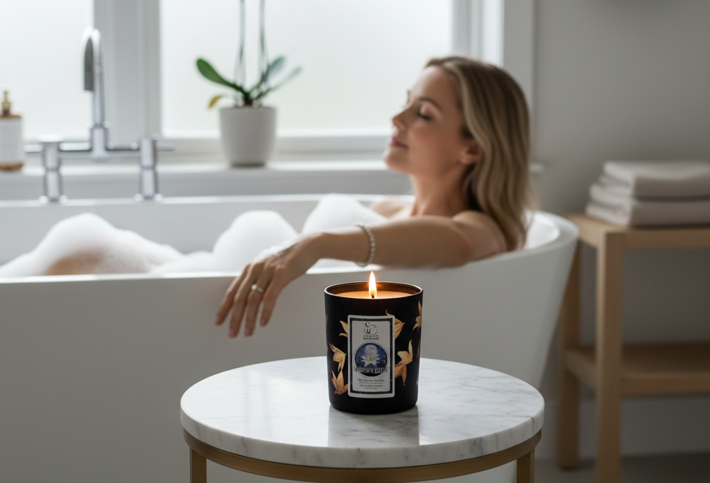 Woman relaxing in a bathtub with a lit candle on a marble table.