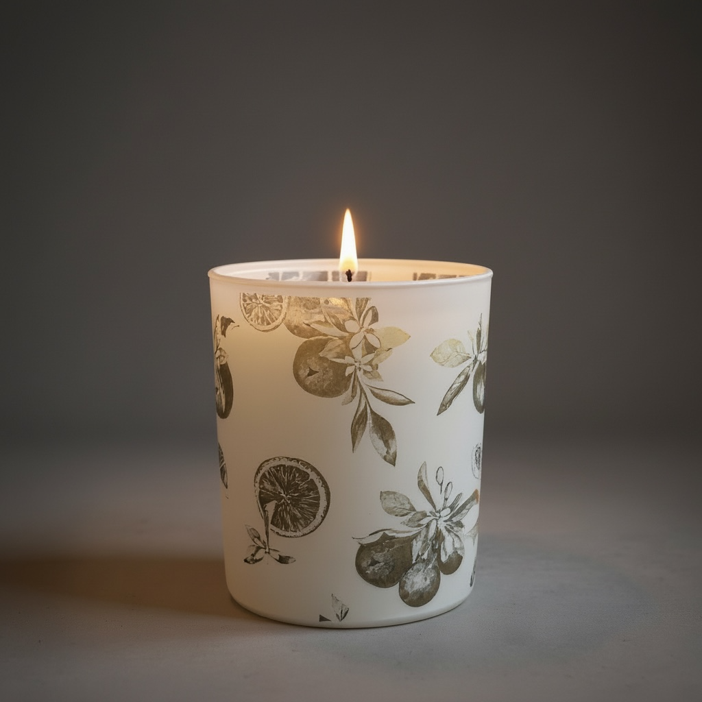 Lit Orange & Bergamot luxury soy candle in engraved glass vessel