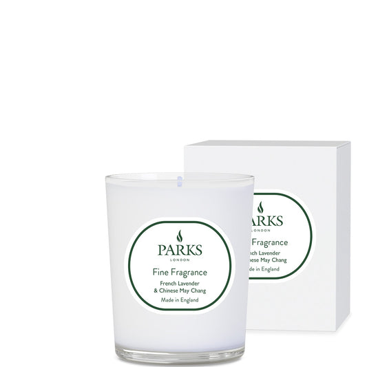 FINE FRAGRANCE 180G CANDLE FRENCH LAVENDER & CHINESE MAY CHANG