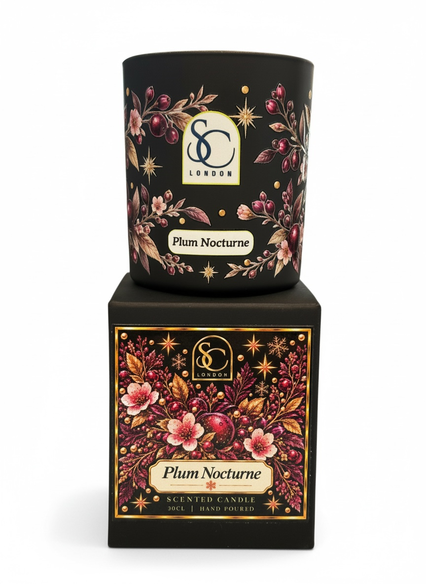 Plum Nocturne 30cl scented soy candle by Soulful Candles London, featuring burgundy floral and berry artwork with gold stars on black glass, displayed on its matching gift box.