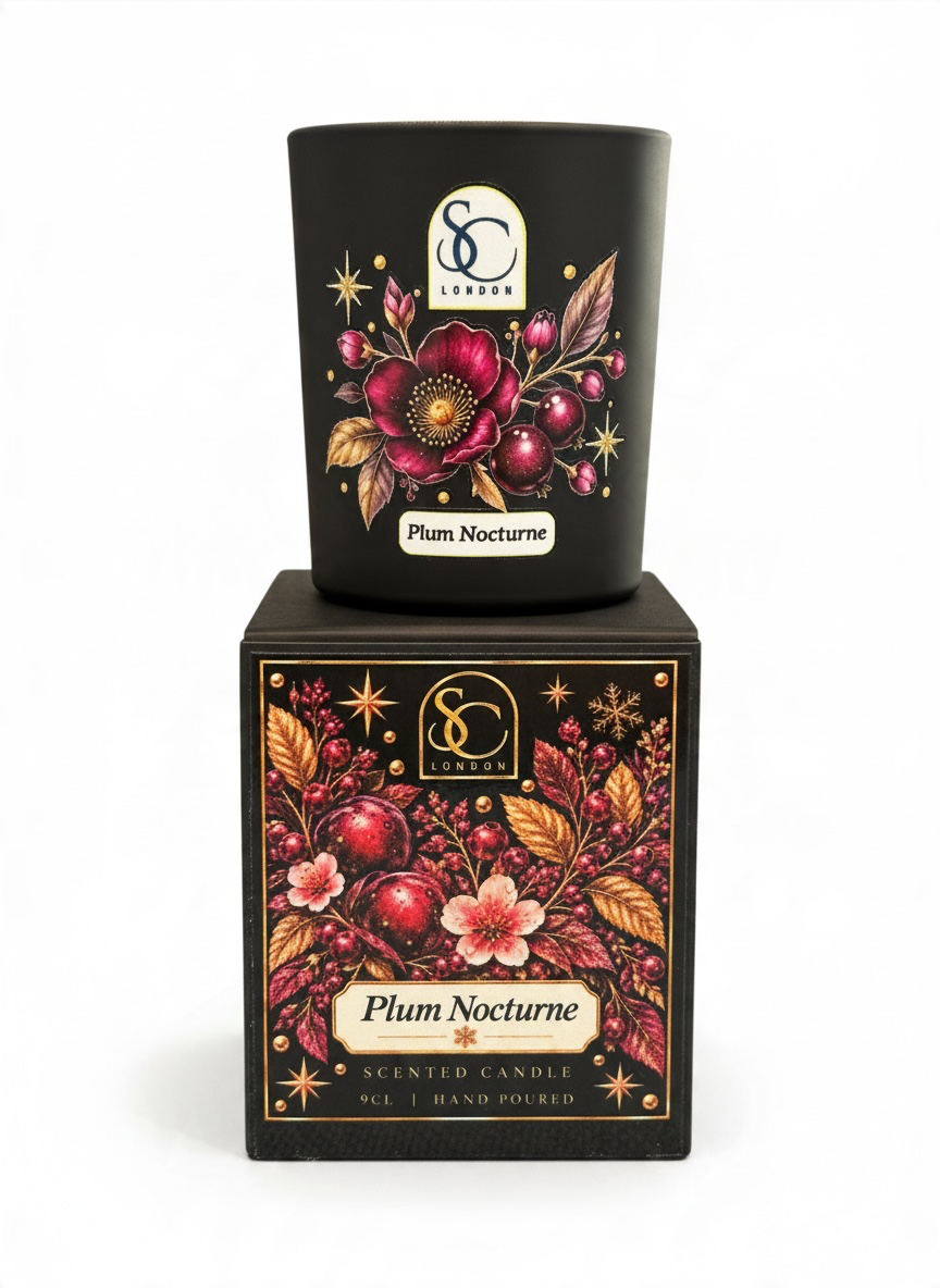 Plum Nocturne 9cl scented soy candle by Soulful Candles London, featuring burgundy flowers, plum-coloured berries and gold botanical detailing on black glass, displayed on its matching festive gift box.