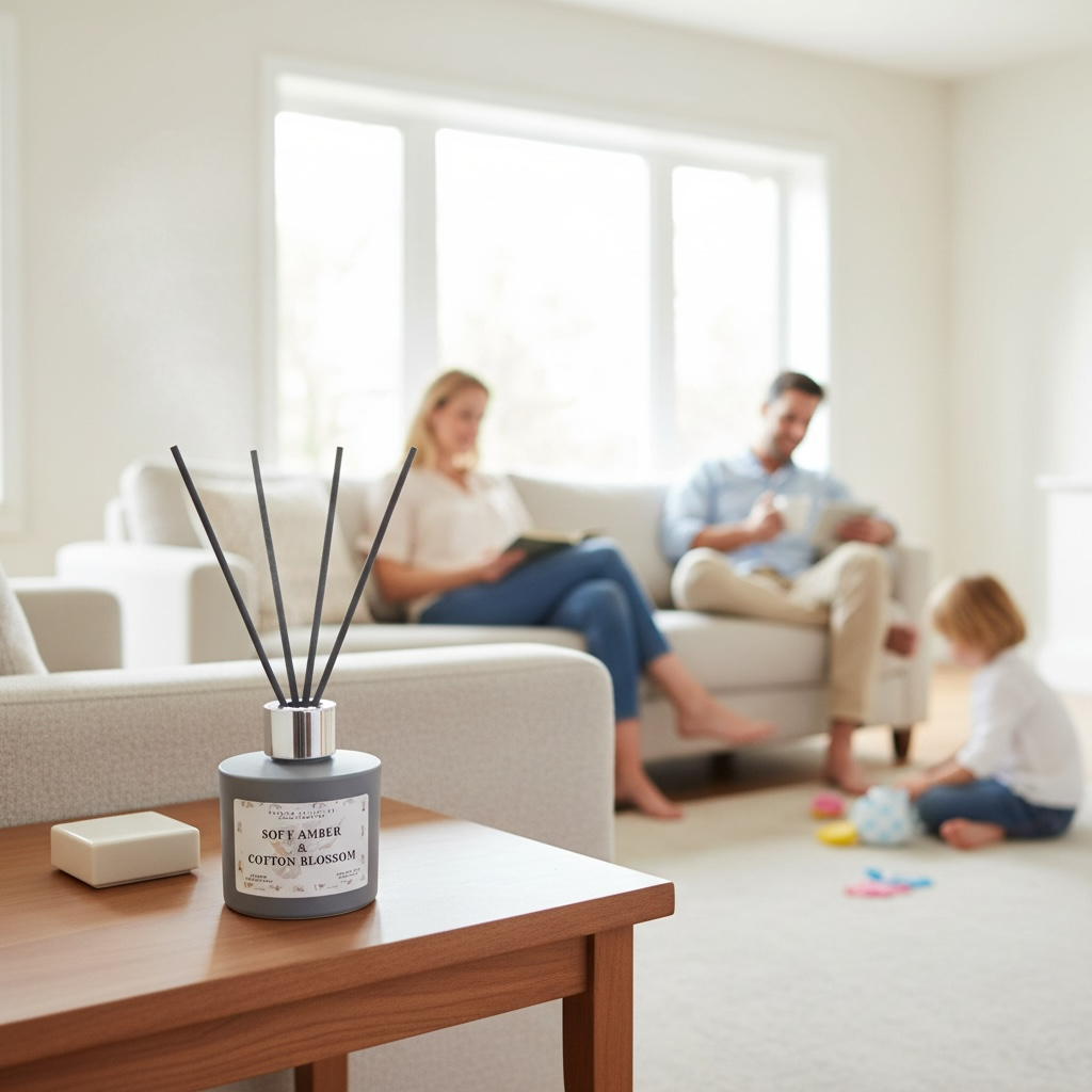 A diffuser on a coffee table with a family in the background in a living room.