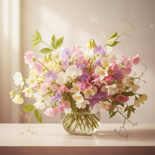Bouquet of colorful flowers in a clear vase on a light surface with a neutral background