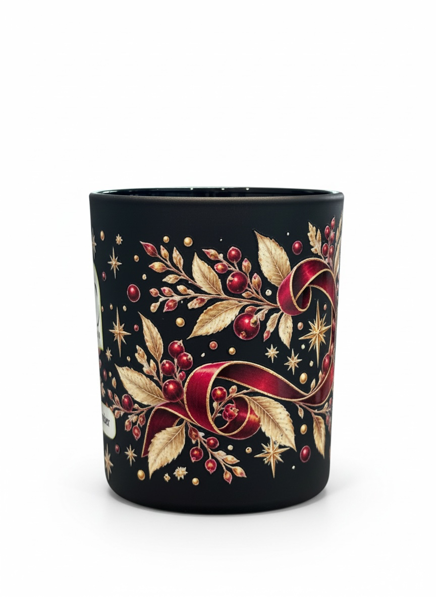 Close-up of Velvet Ember 30cl winter candle showing flowing burgundy ribbons, golden leaves, red berries and delicate gold stars wrapping around the black glass vessel.