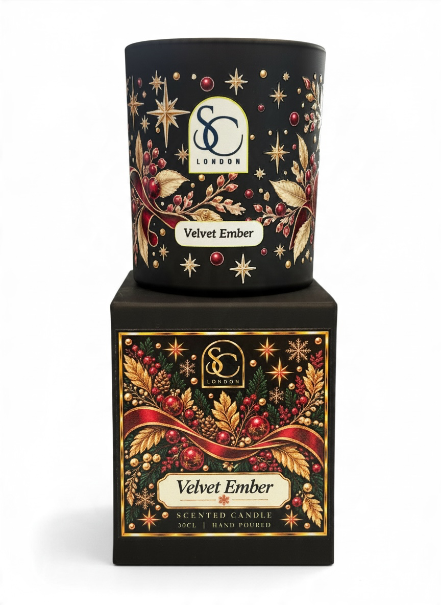 Velvet Ember 30cl scented soy candle by Soulful Candles London, with gold stars, red berries and festive botanical artwork on black glass, displayed on its matching gift box.