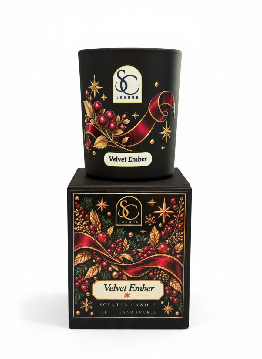 Velvet Ember 9cl scented soy candle by Soulful Candles London, featuring a burgundy ribbon, red berries and gold botanical artwork on black glass, displayed on its matching festive gift box.
