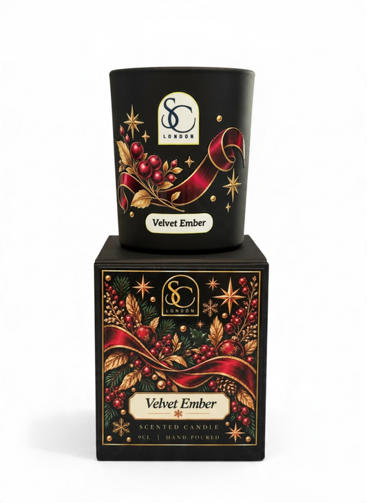 Velvet Ember 9cl scented soy candle by Soulful Candles London, featuring a burgundy ribbon, red berries and gold botanical artwork on black glass, displayed on its matching festive gift box.