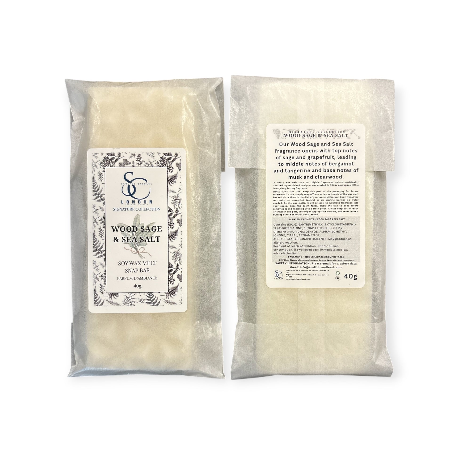 Wood Sage & Sea Salt 40g soy wax melt snap bar in recyclable packaging