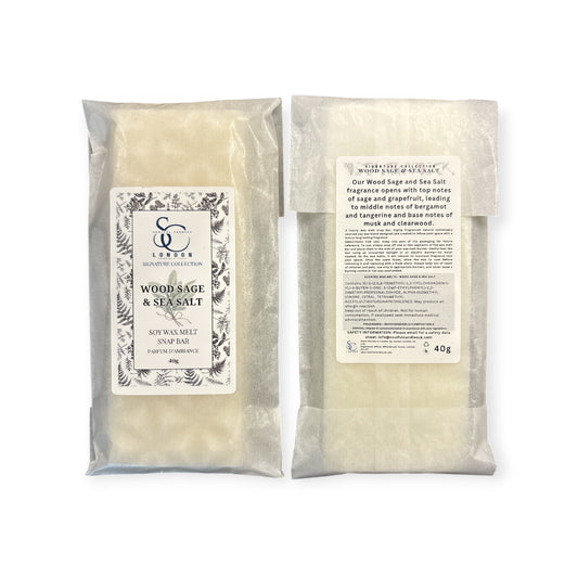 Wood Sage & Sea Salt 40g soy wax melt snap bar in recyclable packaging
